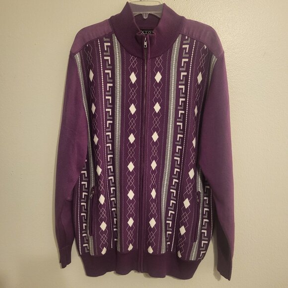 Luxton Full Zip Purple Gray Geometric Elbow Patch Sweater Pockets Mens Large NWT - Picture 1 of 11
